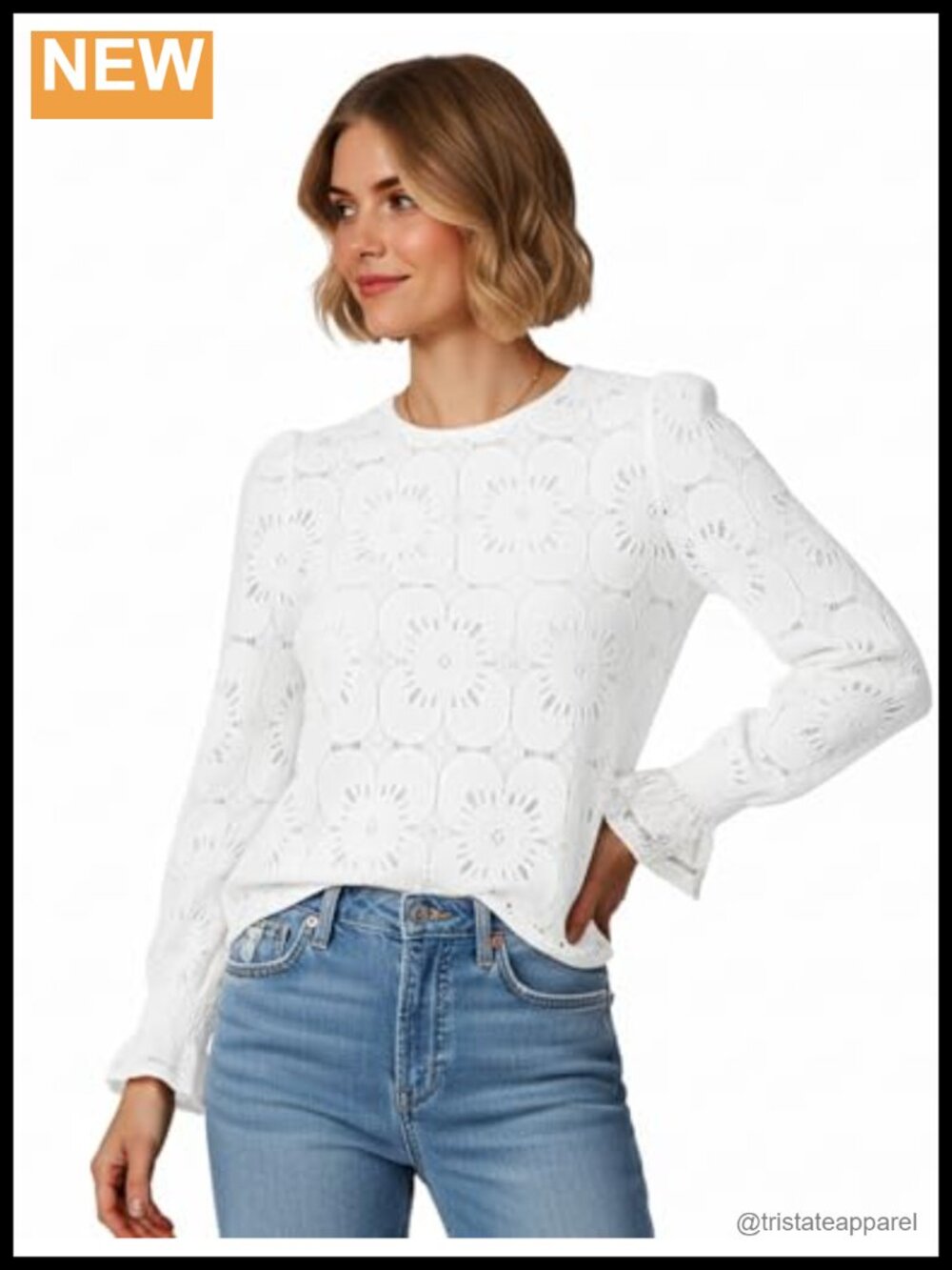 Women's Eyelet Lace Long Sleeve Blouse Boho Crochet Embroidered Crew Neck Shirt